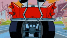 a cartoon drawing of a red car with a blue wheel