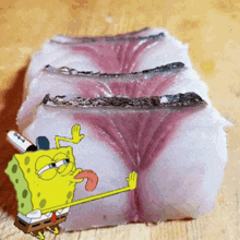 a cartoon drawing of spongebob licking a piece of meat