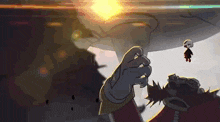 a cartoon character is holding something in his hand while another character is flying in the air .