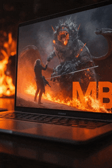 a laptop with a picture of a monster and the word mb