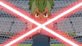 a cartoon character with green hair and red eyes is crossing his arms