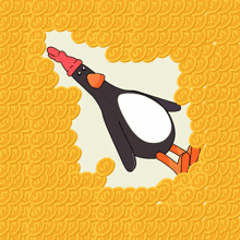 a penguin wearing a pink hat is surrounded by a repeating pattern of dollar bills