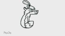a black and white drawing of a seahorse with blue eyes and a tail .