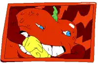 a cartoon drawing of a tomato with a green leaf on it 's head