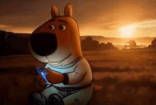 a cartoon kangaroo is sitting in a field holding a cell phone .