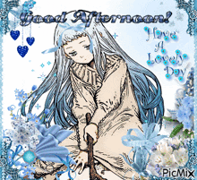 a picture of a girl with long white hair and the words " good afternoon have a lovely day "