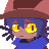 a pixel art of a girl with yellow eyes wearing a hat .