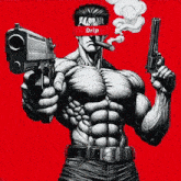 a man smoking a cigar and holding two guns with the word drip written on his face