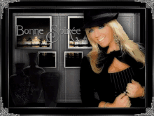 a picture of a woman in a hat with the words bonne soiree on the bottom