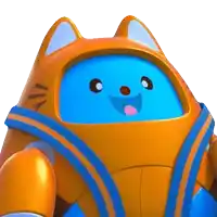 an orange and blue robot with a blue face
