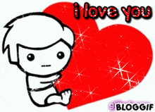 a cartoon of a boy holding a red heart with the words i love you on it