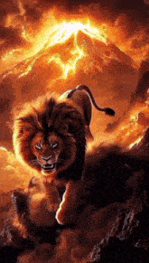a lion is walking in front of a volcano with a mountain in the background .
