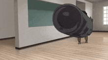 a cartoon character is standing in an empty room with a large trash can on his back .