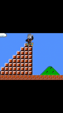 a video game character is standing on top of a brick wall ..