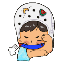 a drawing of a person wearing a white hat with watermelons on it