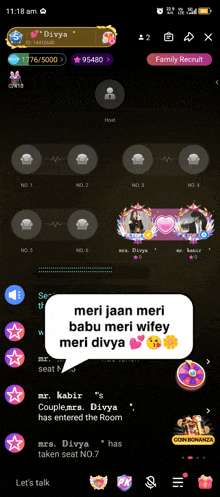 a screenshot of a phone screen with a speech bubble that says " meri jaan meri babu meri wifey meri divya "