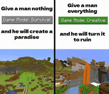 a screenshot of a video game that says give a man nothing and he will create a paradise and he will ruin