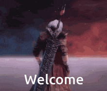 a video game character with a sword and the word welcome