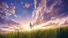 a painting of a person standing in a field with a sunset in the background