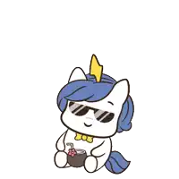 a cartoon of a unicorn wearing sunglasses and holding a coconut drink that says happy weekend