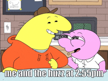 a cartoon of a man and a pink worm with the caption me and the buzz at 2:55pm