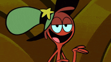 a red cartoon character wearing a green hat with a star on it
