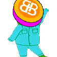 a cartoon character with a coin on his head with the letter bb on it