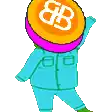 a cartoon character with a coin on his head with the letter bb on it
