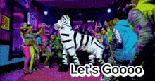 a group of people are dancing in a room with the words let 's goooo written on the bottom