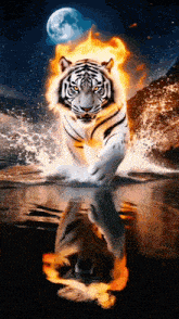 a tiger is running in the water with a full moon behind it
