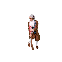 a man wearing headphones and a brown coat is sweeping the floor with a broom