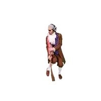 a man wearing headphones and a brown coat is sweeping the floor with a broom