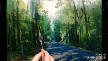 a painting of a road going through a forest is made in animotica