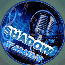 a blue shadow family logo with a microphone in the center