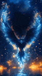 a phoenix is flying through the air with its wings outstretched and surrounded by fire .