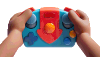a person is holding a video game controller with a red arrow pointing to the left