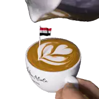 a cup of coffee has a flag sticking out of it that says written aliola