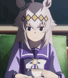 a girl in a purple sailor uniform is holding a cup of coffee
