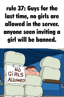 a cartoon of peter griffin holding a no girls allowed sign