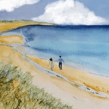 a watercolor painting of a man and woman walking on the beach