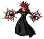 axel from kingdom hearts is a pixel art character with red hair and a black robe .