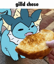 a person is holding a piece of bread in front of a cartoon character .