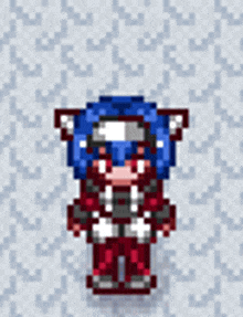 a pixel art drawing of a person with blue hair and red pants