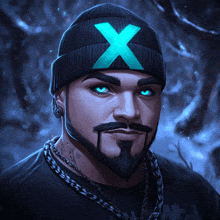 a man with a beard and blue eyes wears a beanie with a blue x on it