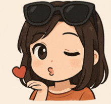 a girl wearing sunglasses is blowing a kiss and holding a heart