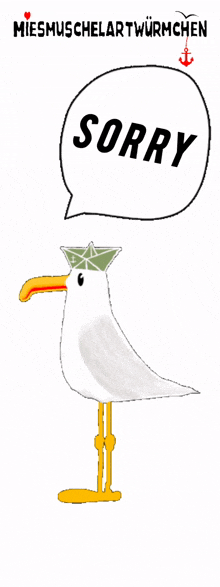 a cartoon of a seagull with a speech bubble saying sorry