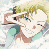 a cartoon character with blonde hair and blue eyes making a peace sign