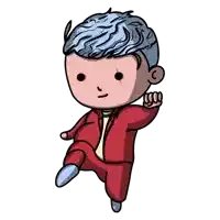 a cartoon character with blue hair and a red jacket
