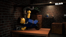 a lego man is laying on a table holding a pipe and a radio