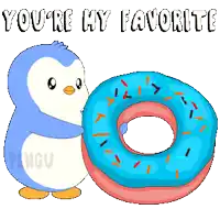 a penguin holding a blue donut with the words you 're my favorite